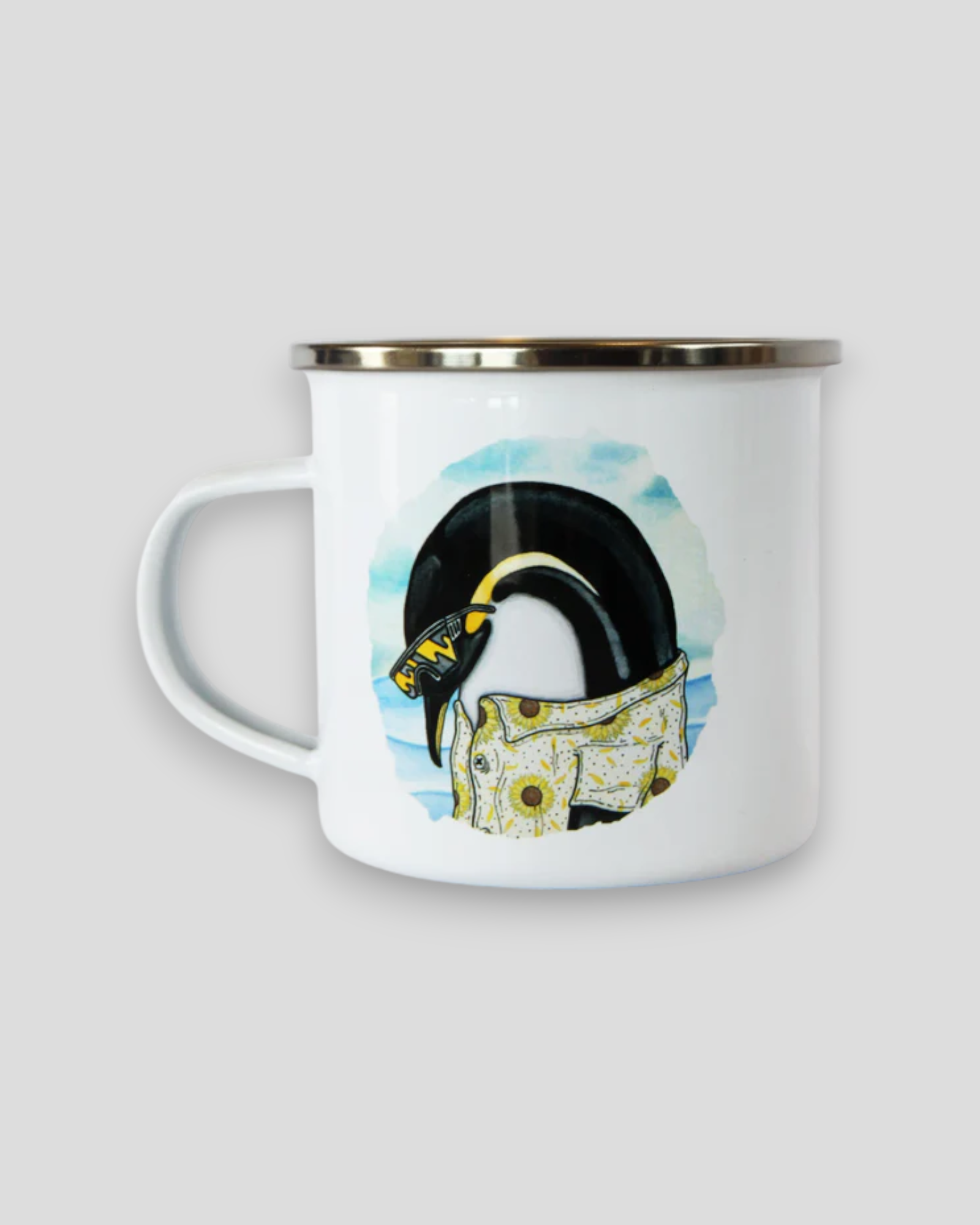Pool Party Penguin emaljekrus – sjovt og retro-inspireret emaljekrus med pingvin-design, perfekt til kaffe, camping og hygge