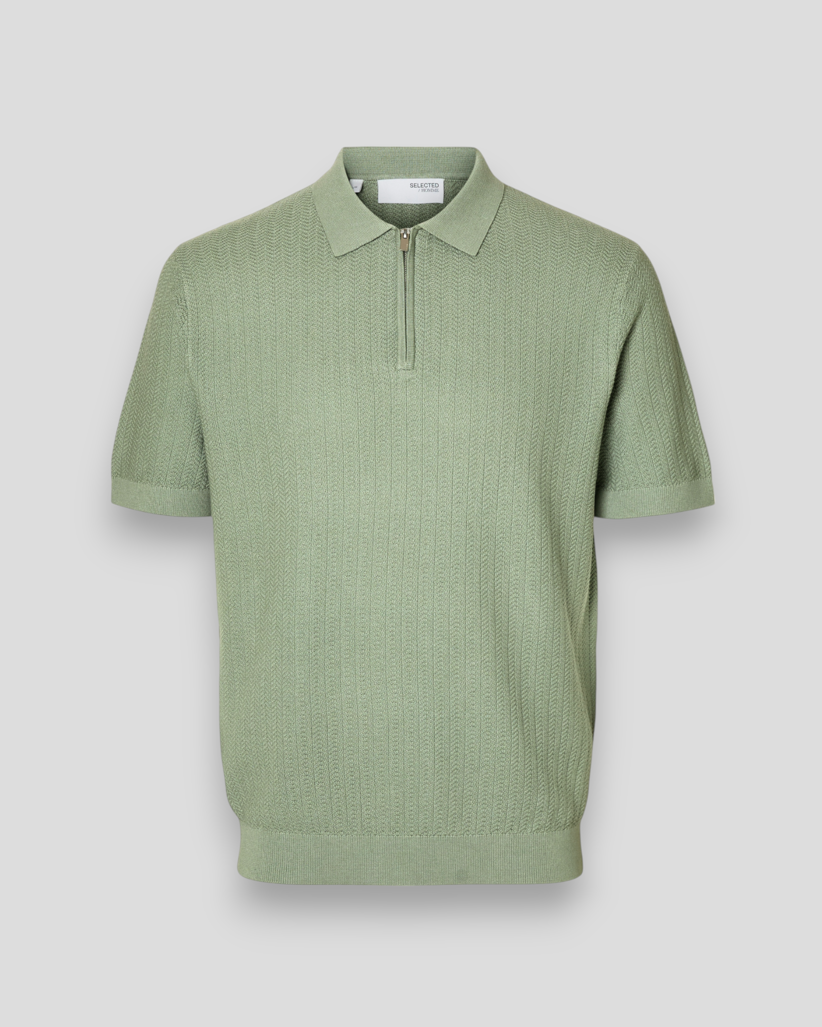 SELECTED HOMME Cran SS Knit Half Zip Polo i Iceberg Green – moderne og stilfuld polo med halv zip, ideel til sommerens casual look.