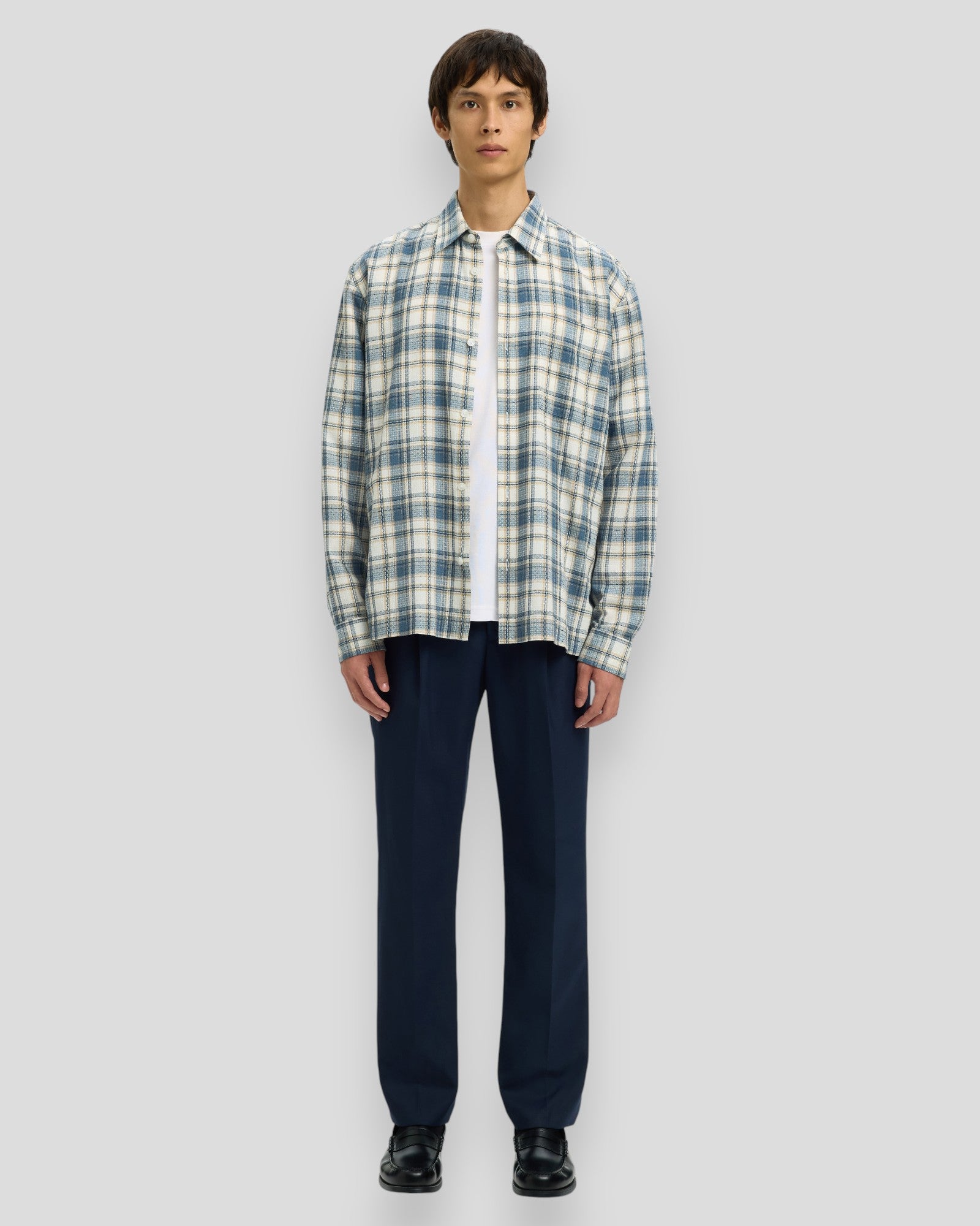 Selected Landon Check LS Shirt featuring egret and blue mirage multi-check patterns, long-sleeve casual shirt for men.