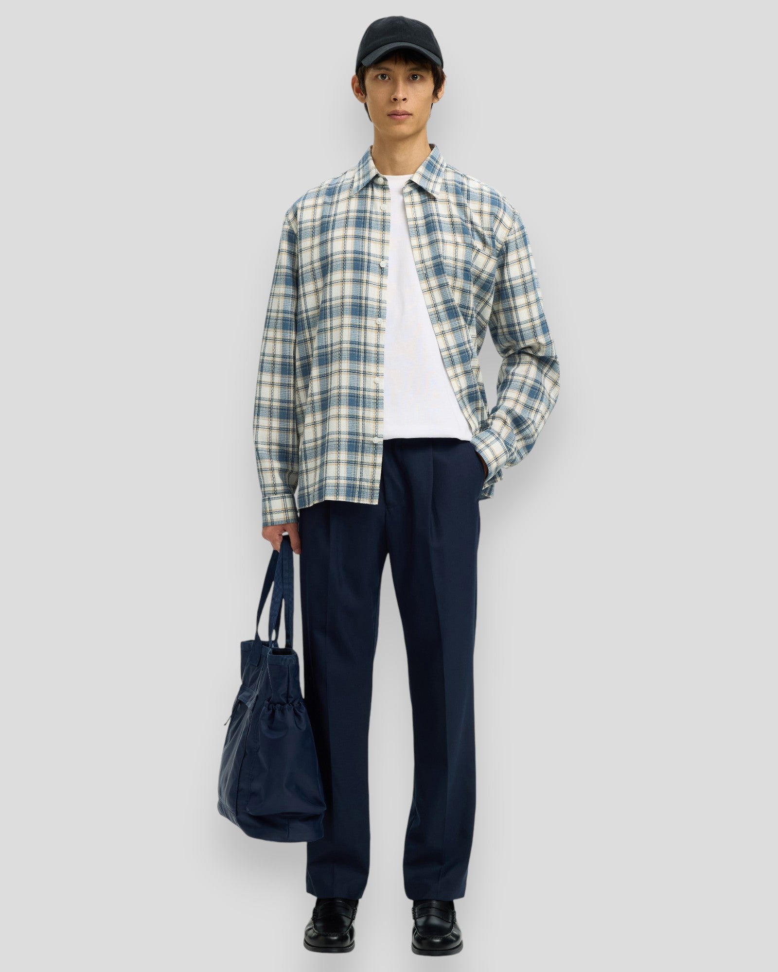 Selected Landon Check long sleeve shirt with egret and blue mirage multi-check pattern, featuring a casual button-up design.