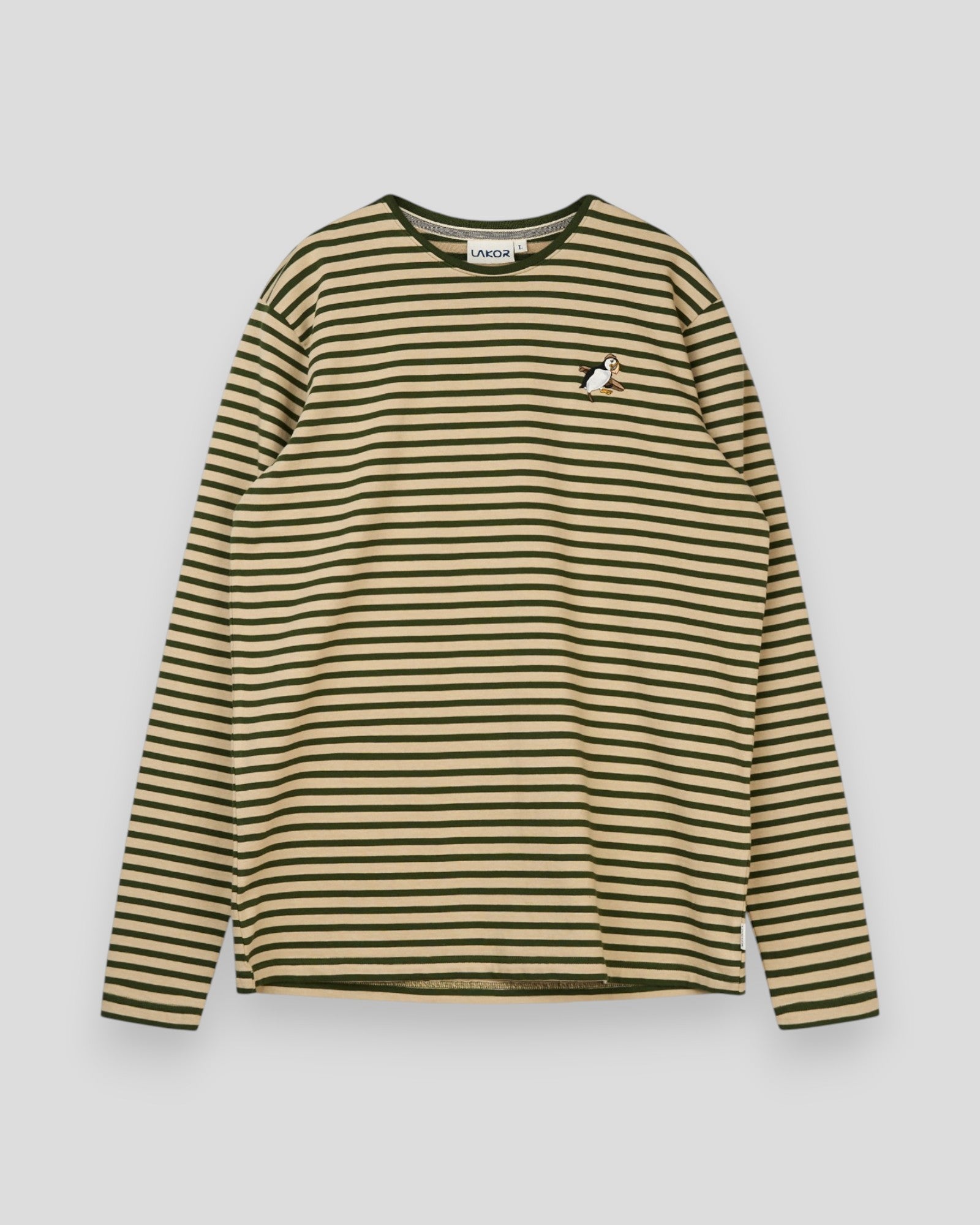 The Sons online LAKOR long-sleeve t-shirt in white pepper and riffle green stripes with a small sea parrot embroidery.