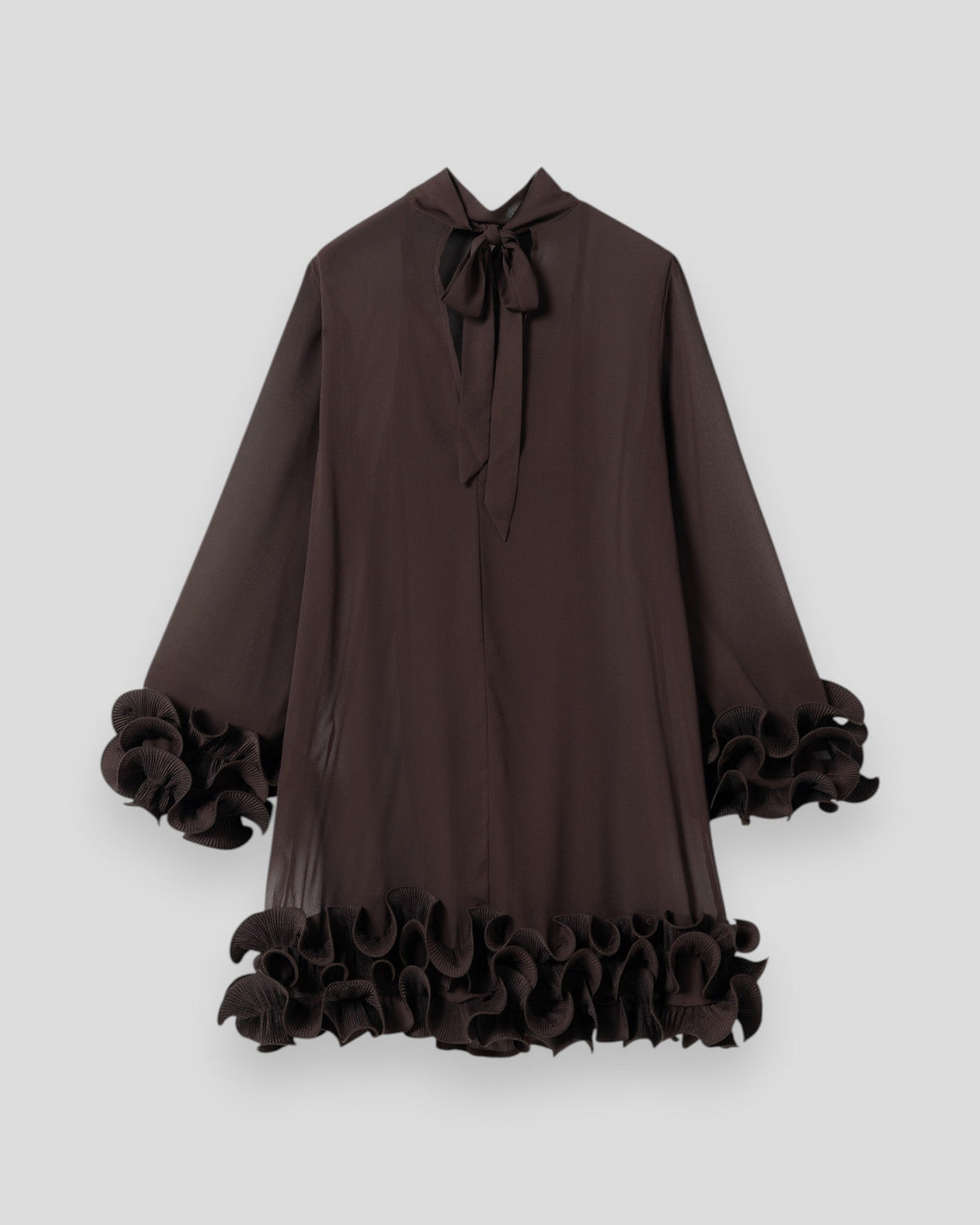 The Sons online Latania dress in chocolate brown featuring a high neck with tie detail and ruffled sleeve cuffs.