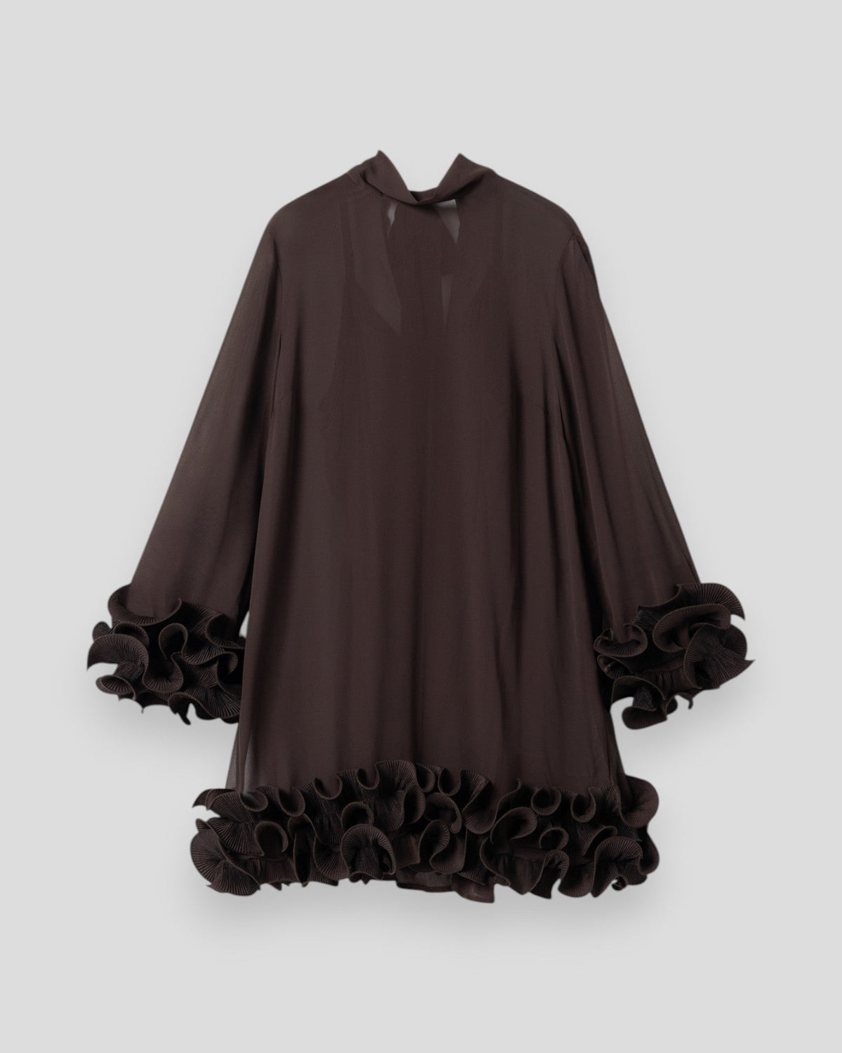 The Sons online Latania dress in chocolate brown featuring a lightweight knit fabric with ruffled sleeves and hem.