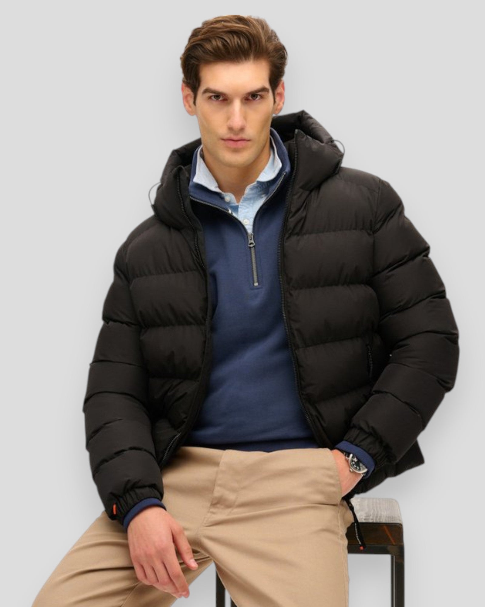 Hooded Sports Puffer Jacket - Black