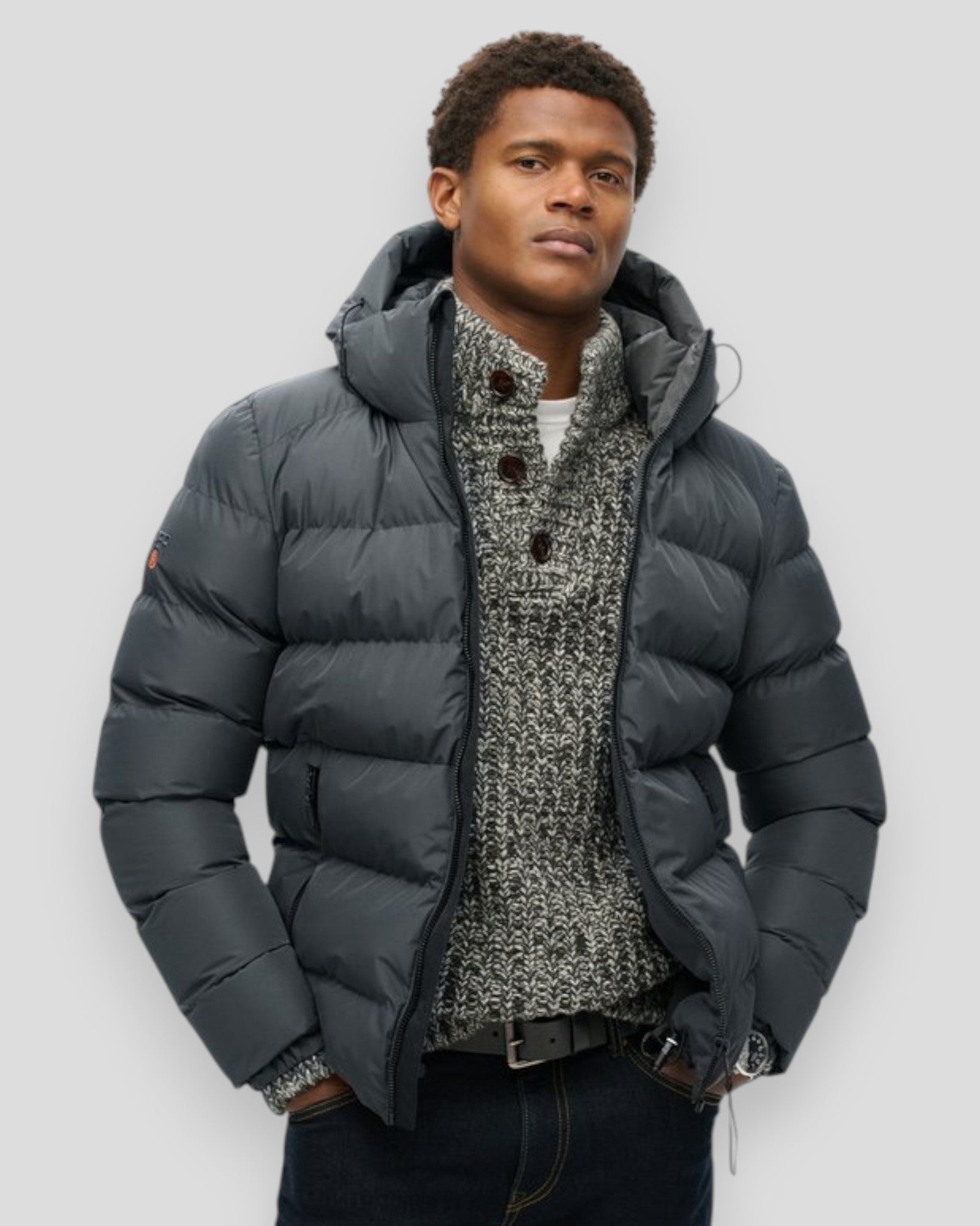 Hooded Sports Puffer Jacket - Ebony
