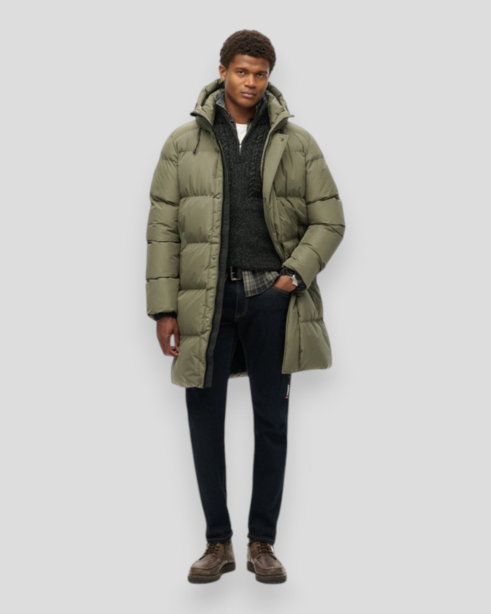 Hooded Sports Puffer Mid Jacket - Dusty Olive Green