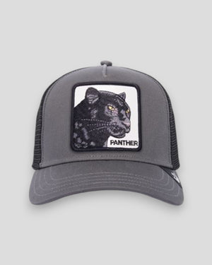 Grey and black Panther Trucker Cap by Goorin Bros featuring a classic mesh back and embroidered panther design.