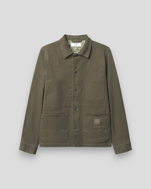 Gabba Beta Twill Army overshirt in green, featuring twill fabric and button front, styled with chest pockets and a casual fit.