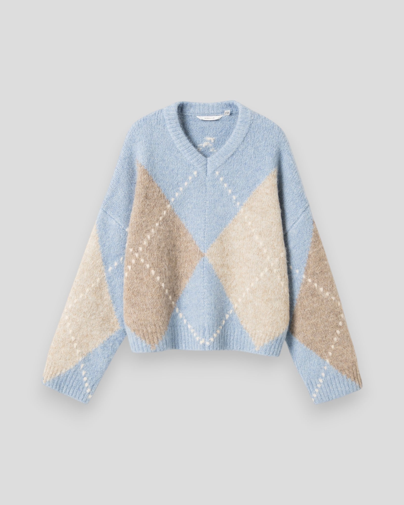 Noella Lai Knit women's sweater in sky blue mix with a cozy knit texture, displayed on a neutral background.