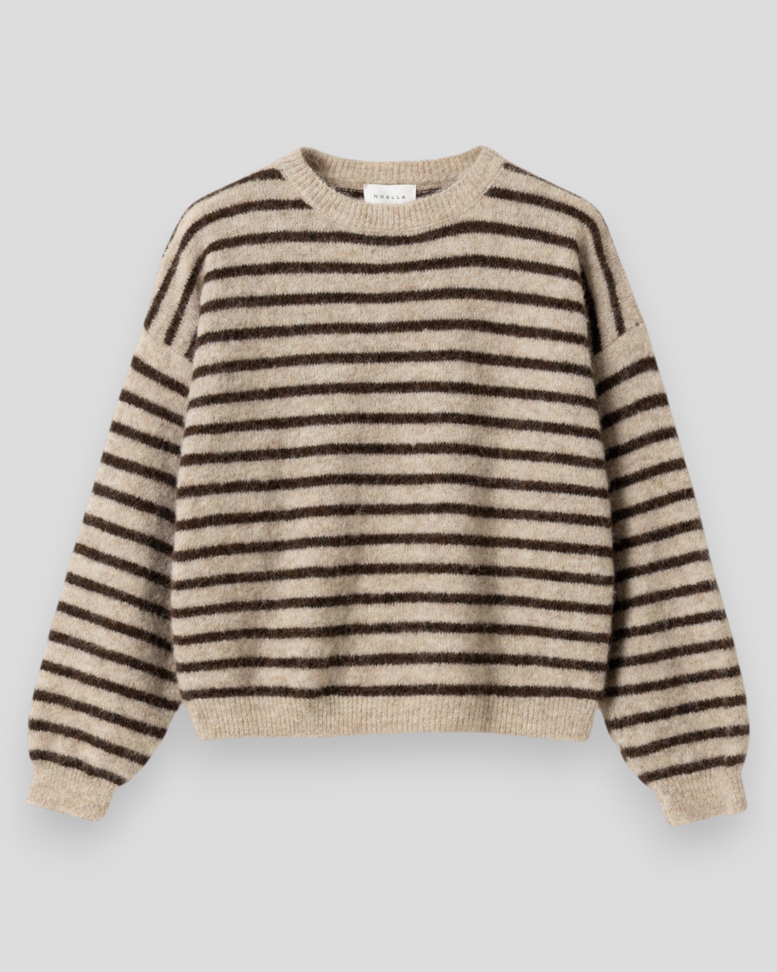 Noella women's knit N-Mafalda in brown sand stripe fabric, showcasing a cozy, stylish brown and beige striped knit sweater.