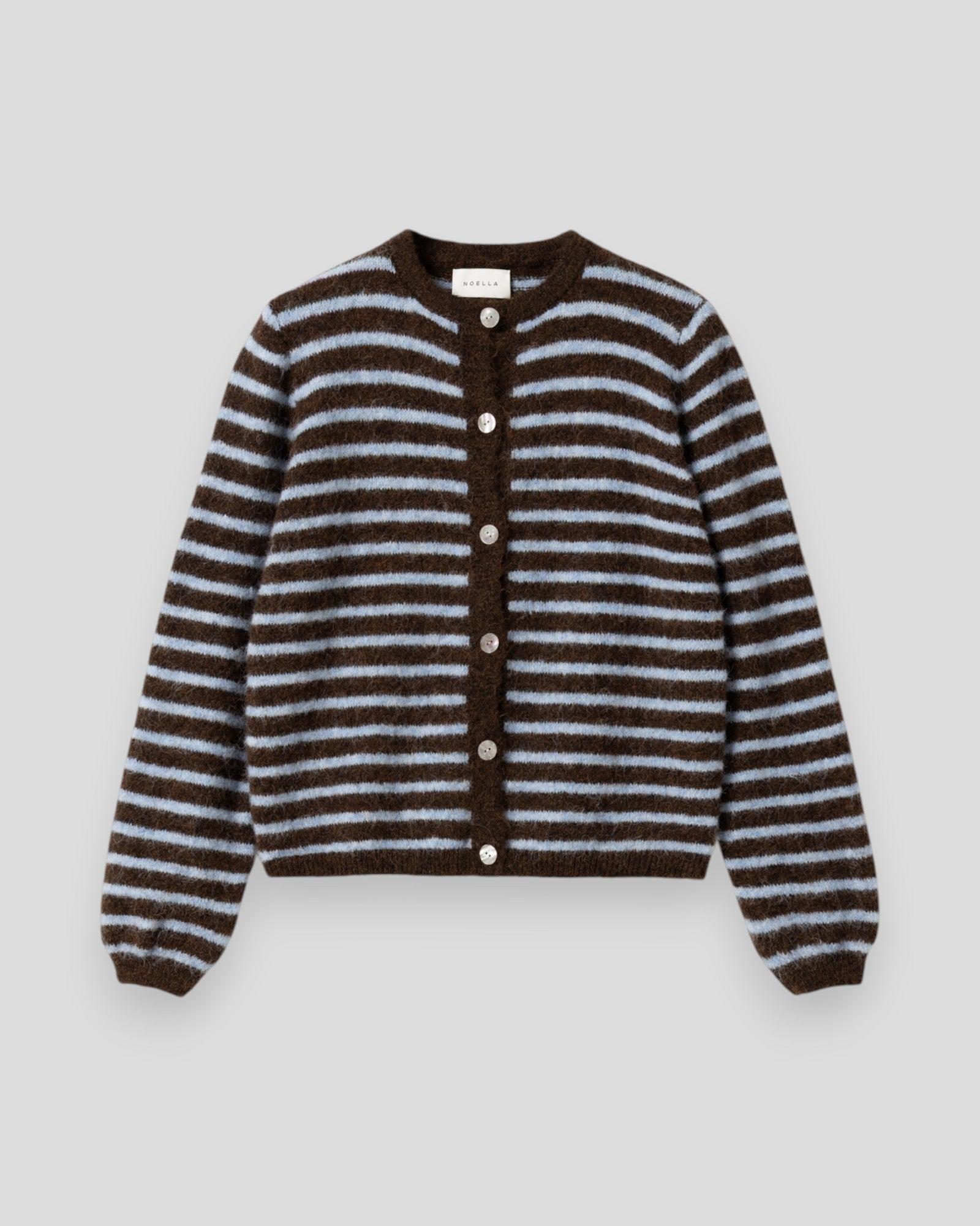 Noella women's knit cardigan in brown and blue stripe, featuring a cozy, stylish design with ribbed cuffs and open front style.