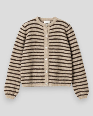 Noella N-Mertice strikket cardigan til kvinder i brun sand stripe, blødt og komfortabelt strikketøj med mønster.