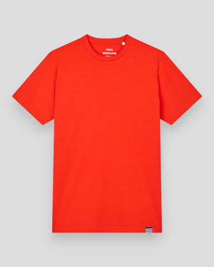 Mads Nørgaard Fine Jersey Thor Tee in fiery red, casual short-sleeve T-shirt with round neckline and logo detail.