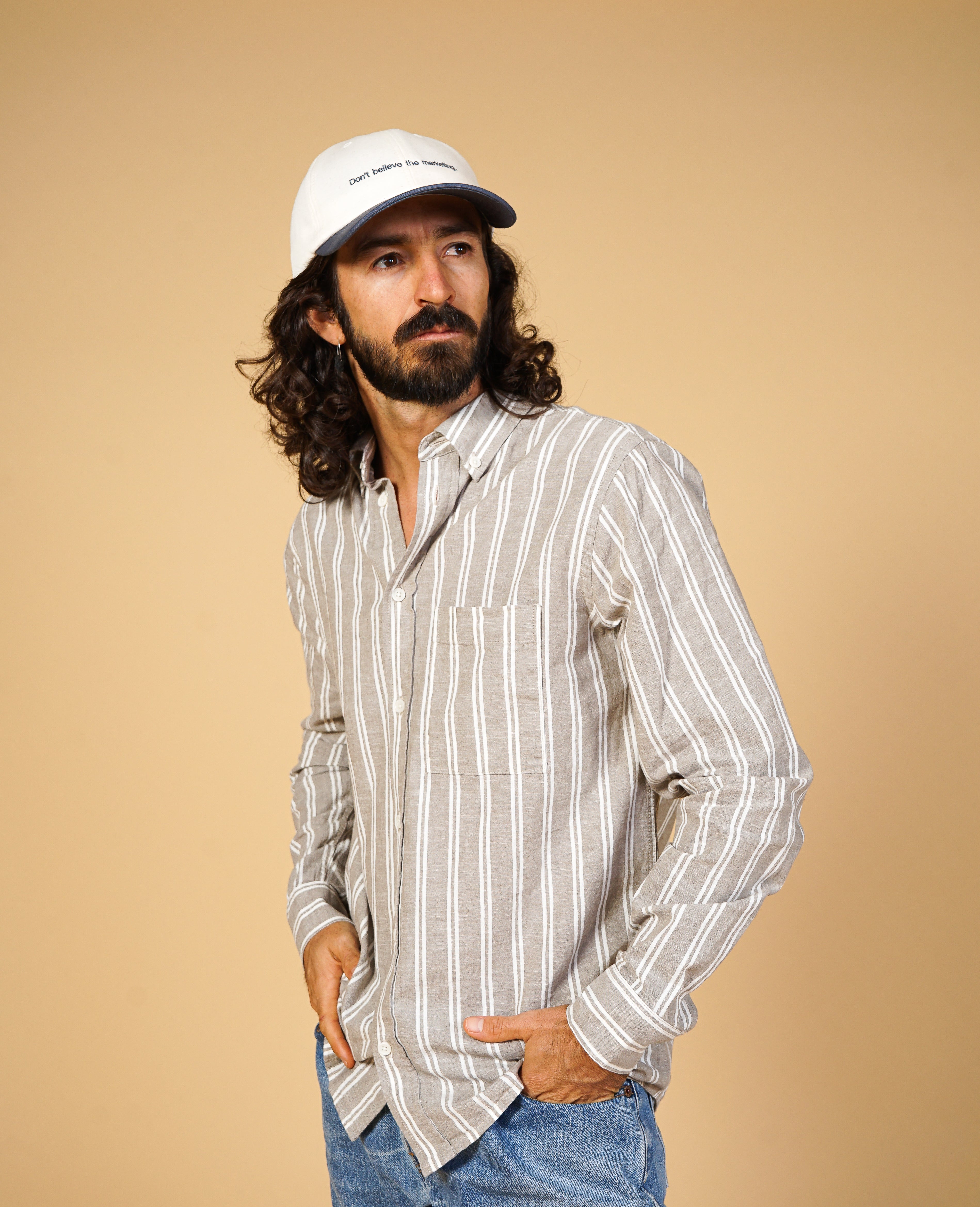 Hugo Mens Button Down Stripe Shirt - Almond Beige