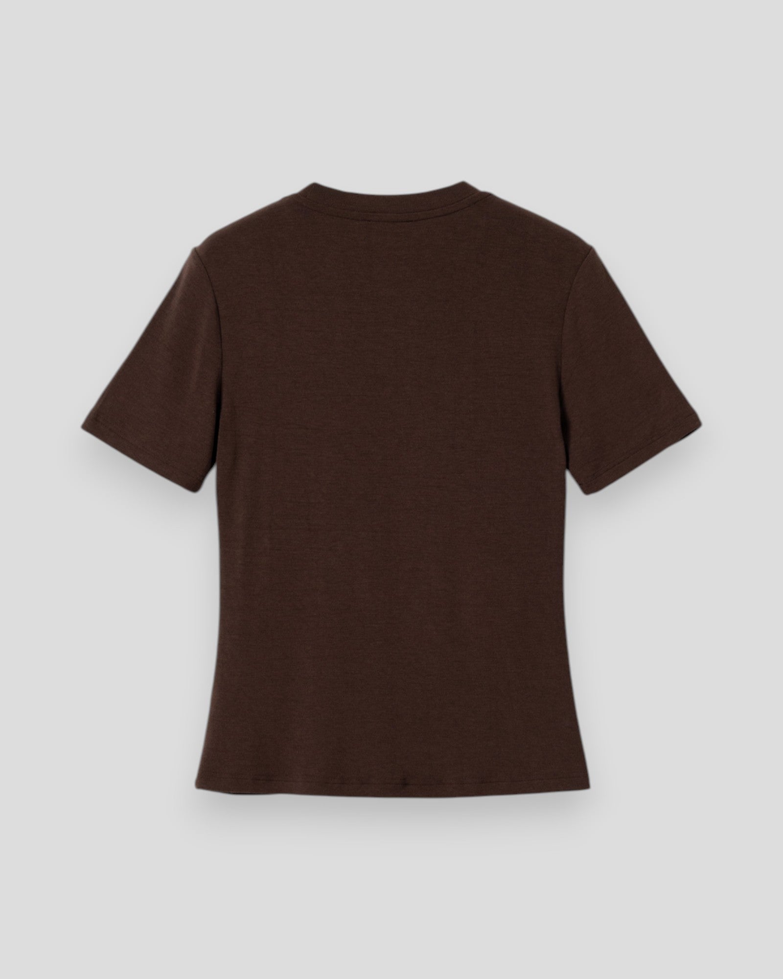 Noella Lidie SS Top i chokolade farve, kortærmet bluse med rund hals, vist på modellen.