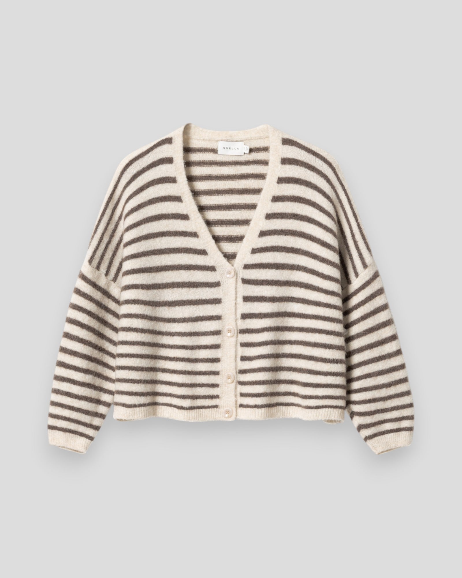 Noella women's knit cardigan with brown and ivory stripes, featuring a cozy, stylish design perfect for casual wear.