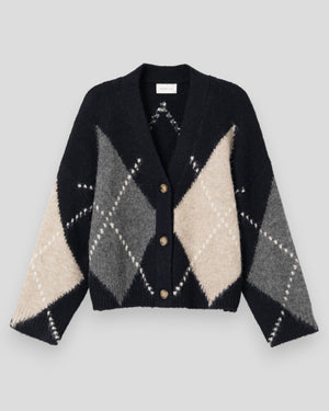N-Laiana navy mix knit cardigan for women by Noella, showcasing a cozy texture and stylish design.