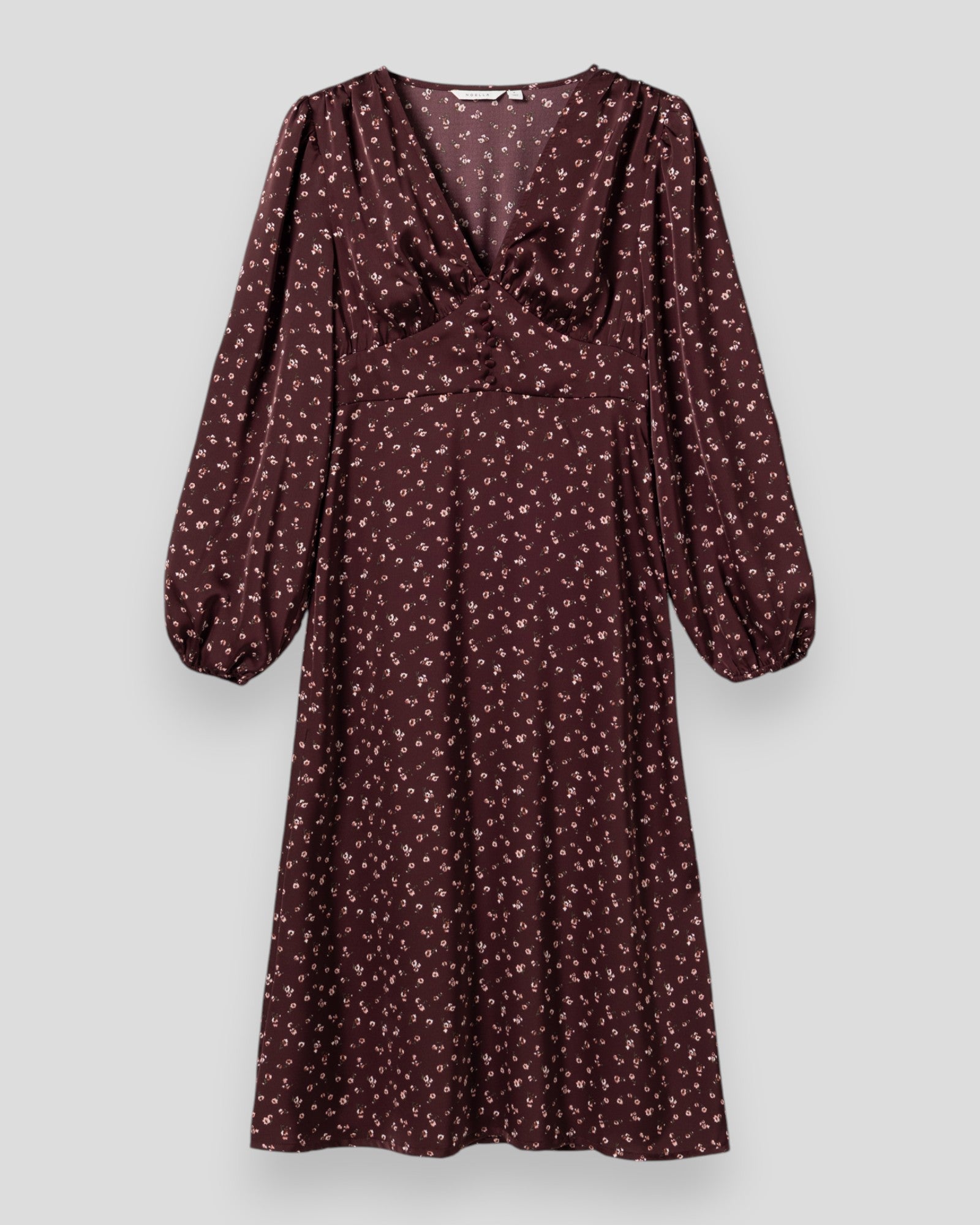 Noella N-Lilith kjole i Dwyn burgundy print, vises med blomstret design og elegant snit.