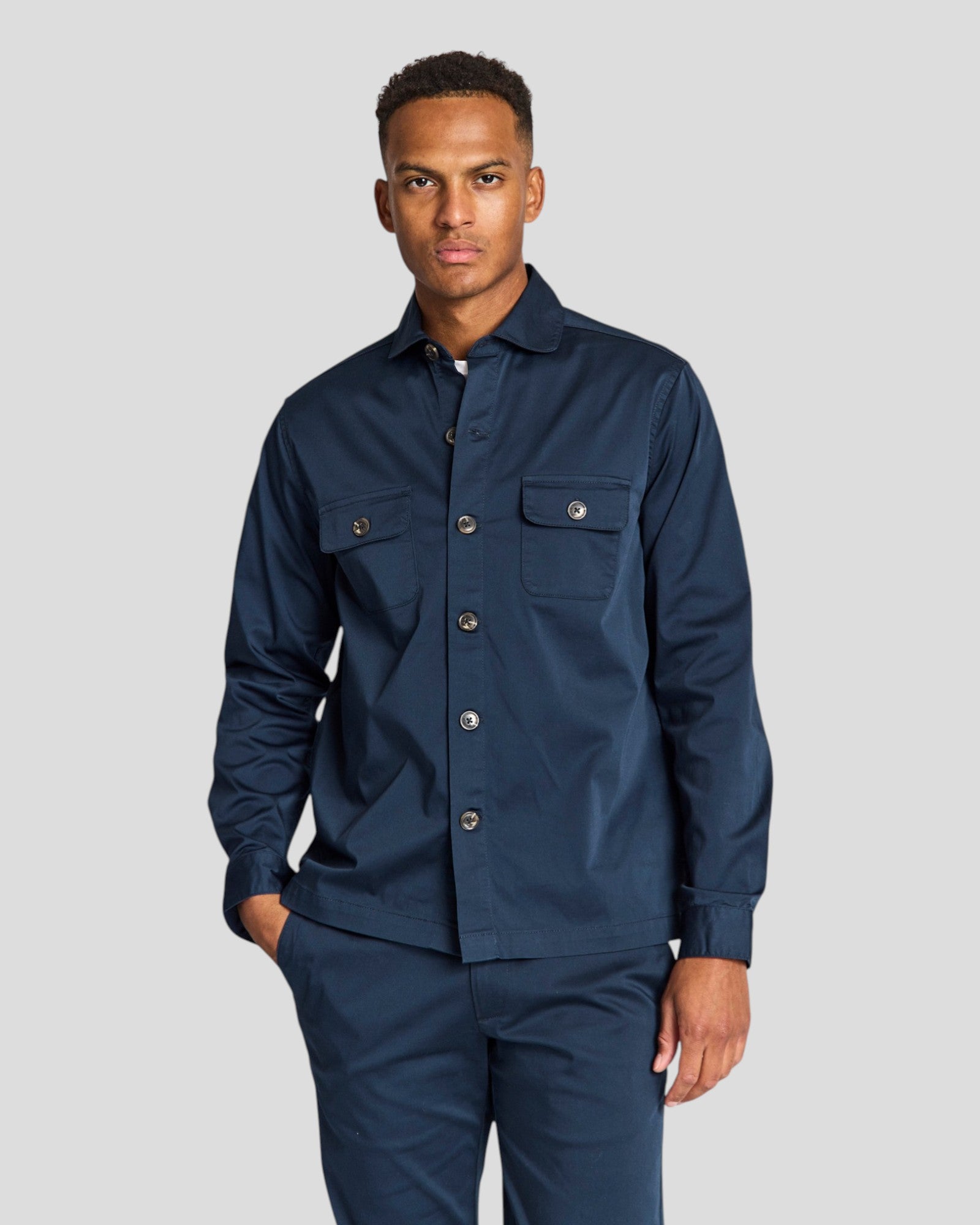 Navy Rocco regular fit overshirt by Bruun & Stengade, shown in a casual, button-up style made from lightweight fabric.