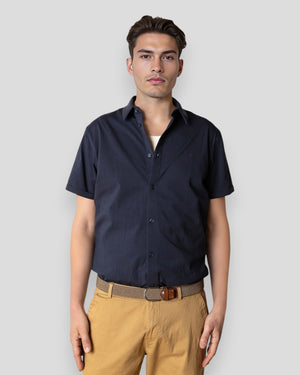 Navy formal stretch shirt by Clean Cut Copenhagen, short-sleeve button-up with a crisp collar and tailored fit.