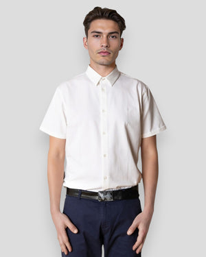 White Clean Formal Stretch Shirt S/S by Clean Cut Copenhagen, showcasing a sleek, fitted men's dress shirt with a classic collar.