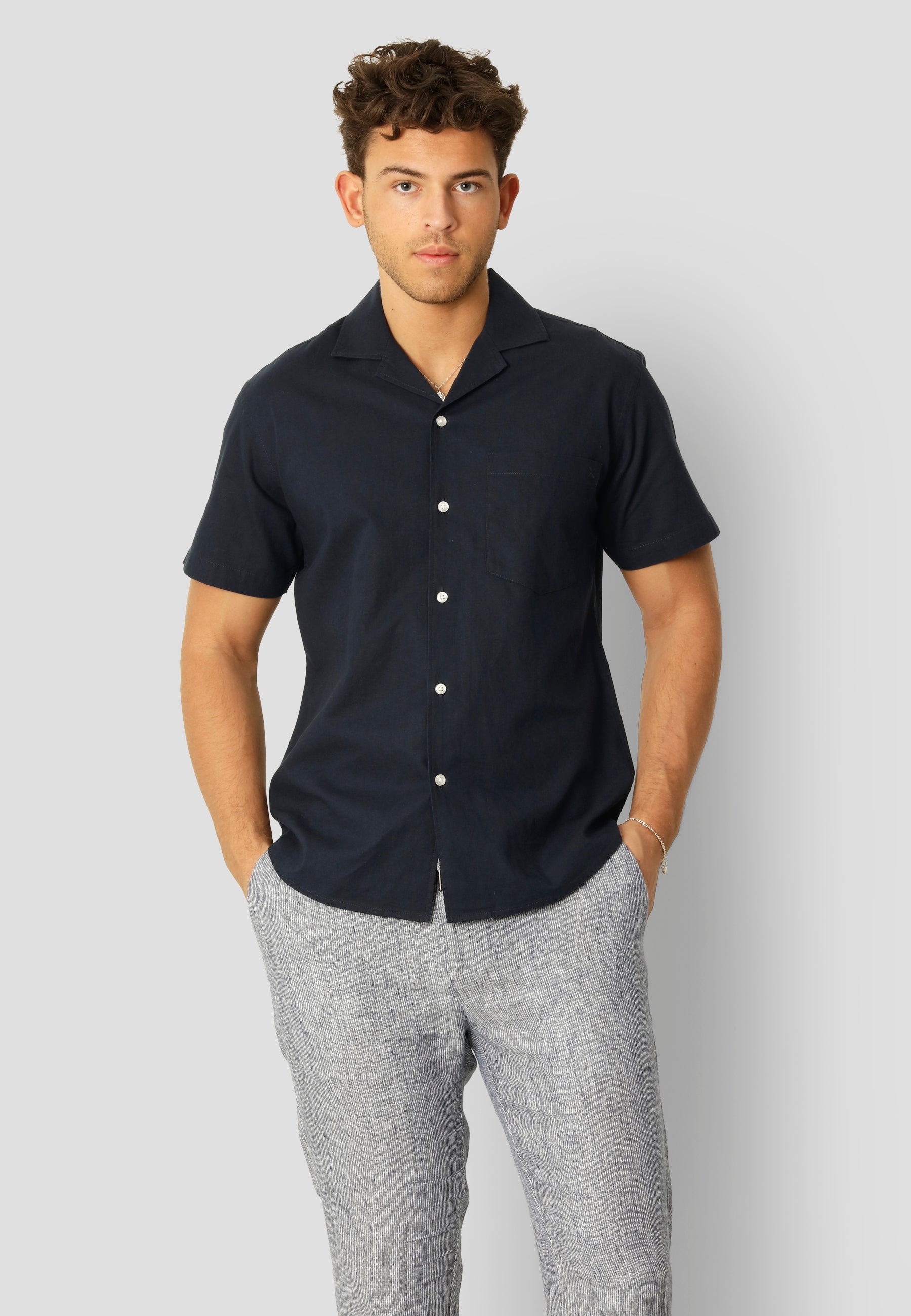 Bowling Cotton Linen Shirt S/S - Navy