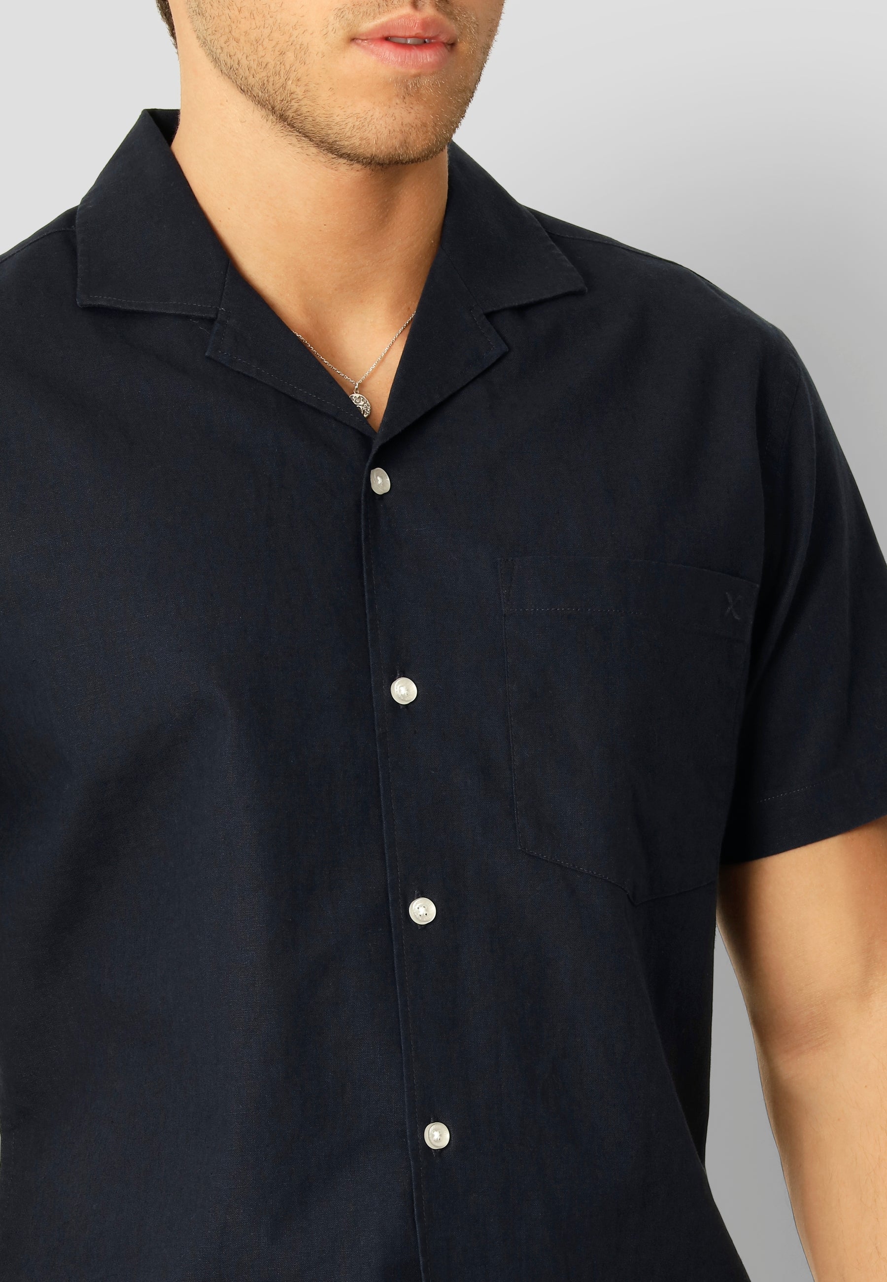 Bowling Cotton Linen Shirt S/S - Navy