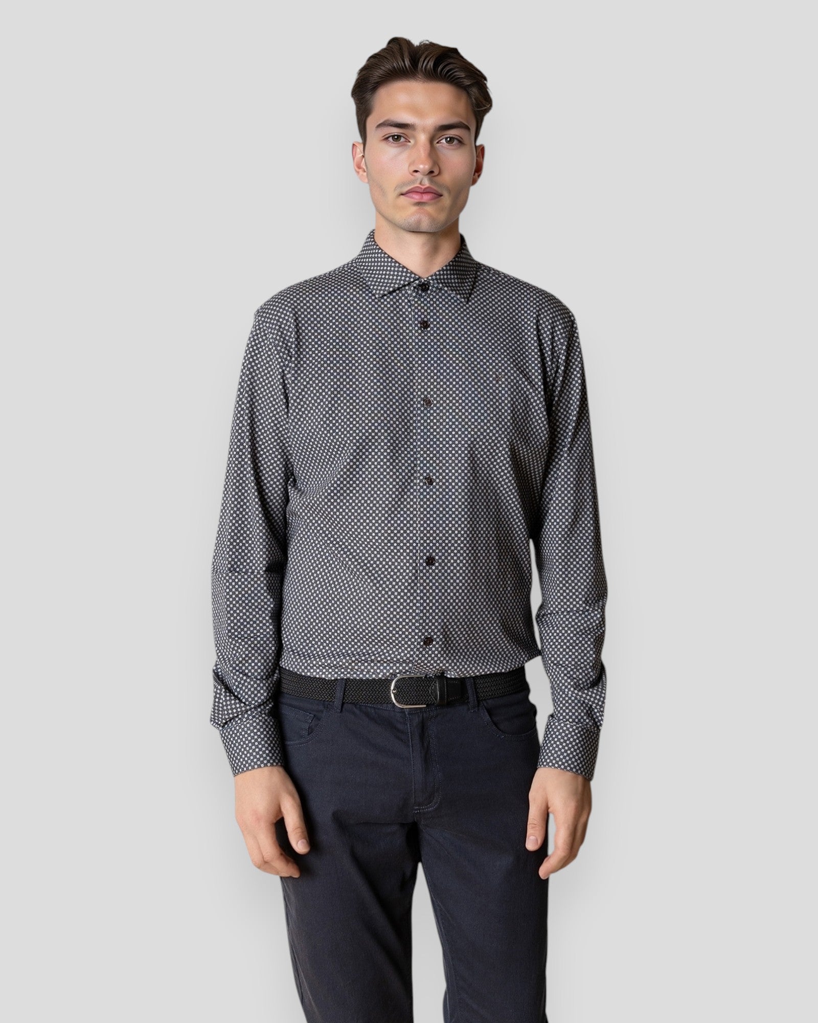 Clean Formal AOP Stretch Shirt LS - Dark Brown