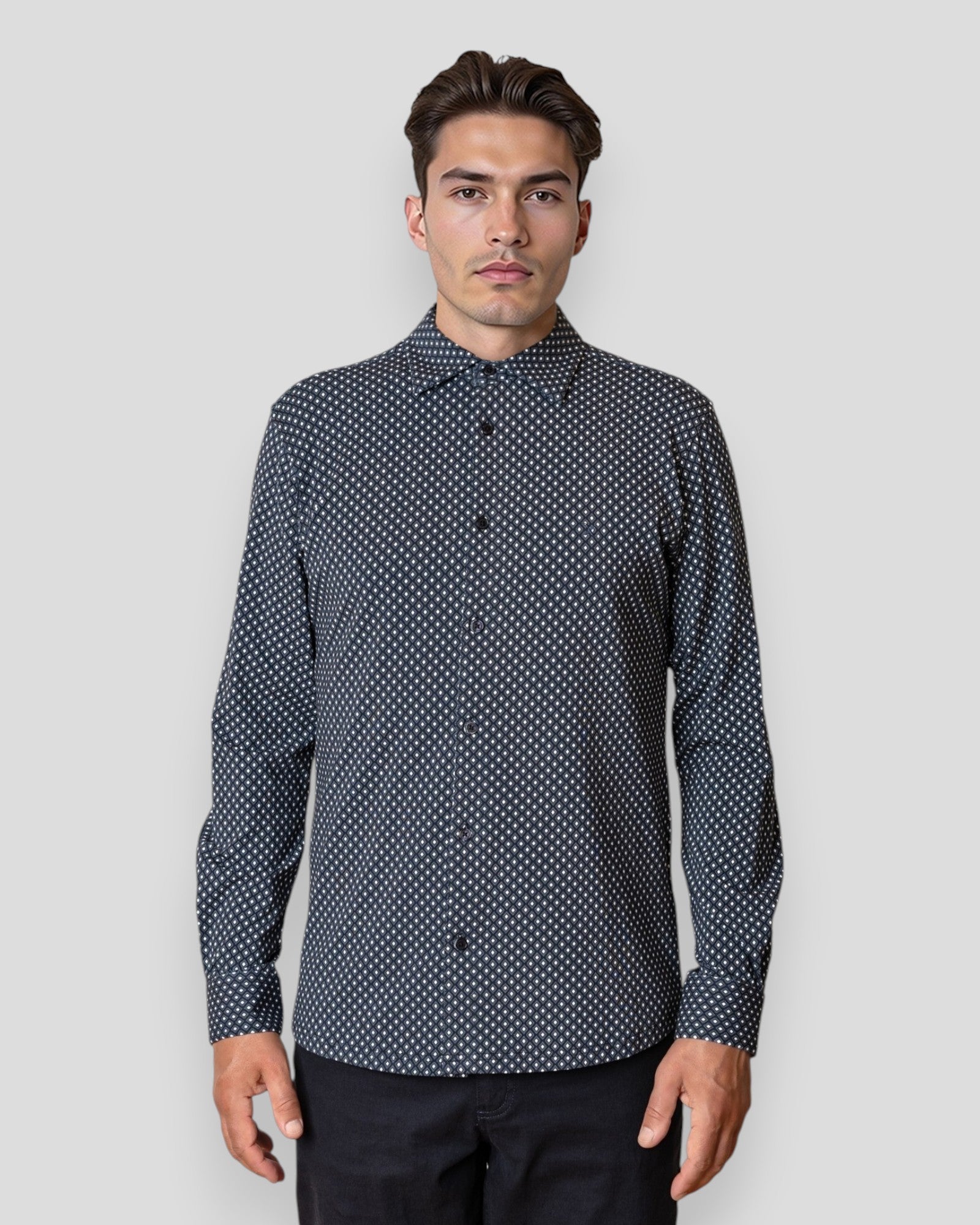 Navy and ecru long-sleeve formal stretch shirt by Clean Cut Copenhagen, featuring a modern AOP pattern and tailored fit.
