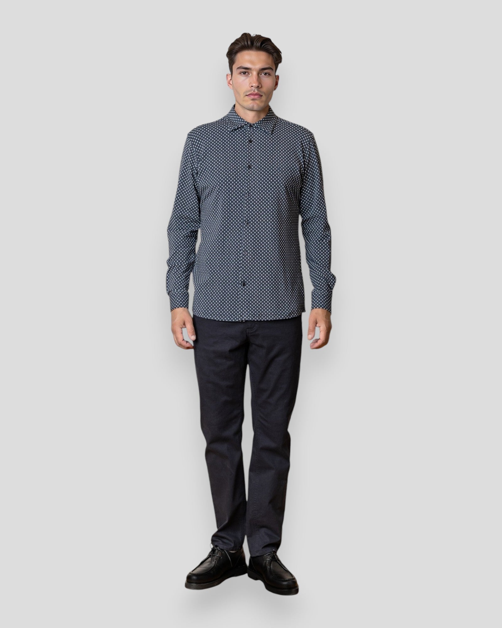 Navy and ecru long-sleeve stretch formal shirt by Clean Cut Copenhagen, featuring a modern AOP pattern.