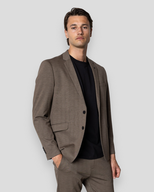 Dark khaki Milano Brendon Jersey Blazer by Clean Cut Copenhagen, shown on a hanger with front view.