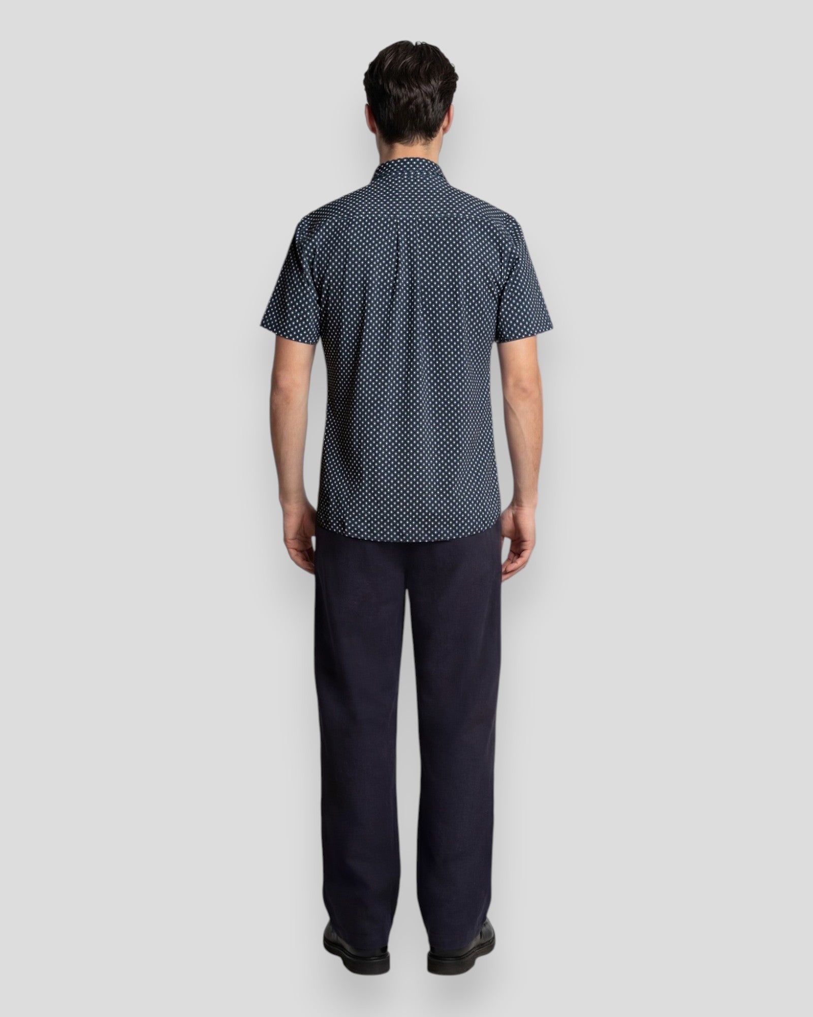 Navy and ecru Clean Formal AOP Stretch Shirt by Clean Cut Copenhagen, shown laid flat with collar and long sleeves.