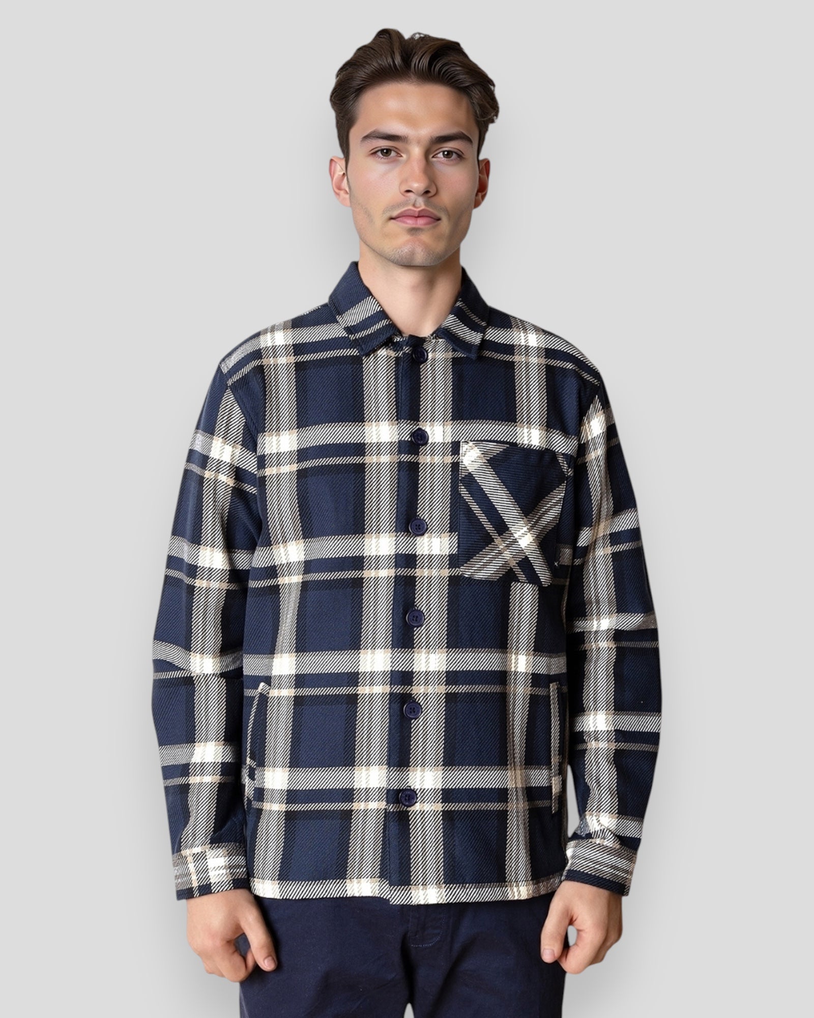 Asher Checked Overshirt - Navy
