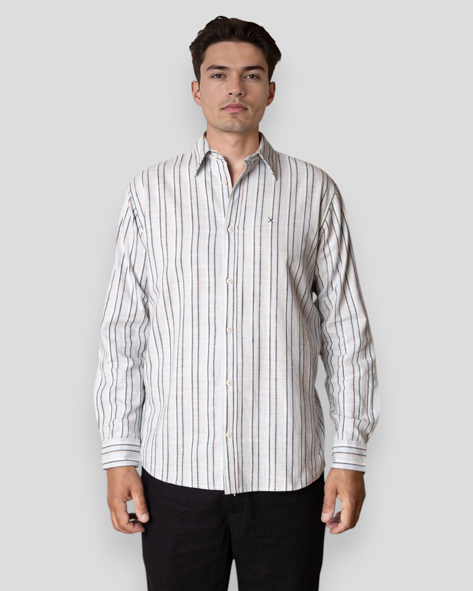 Light blue and violet striped Clean Cut Copenhagen Kelvin shirt displayed on a hanger.