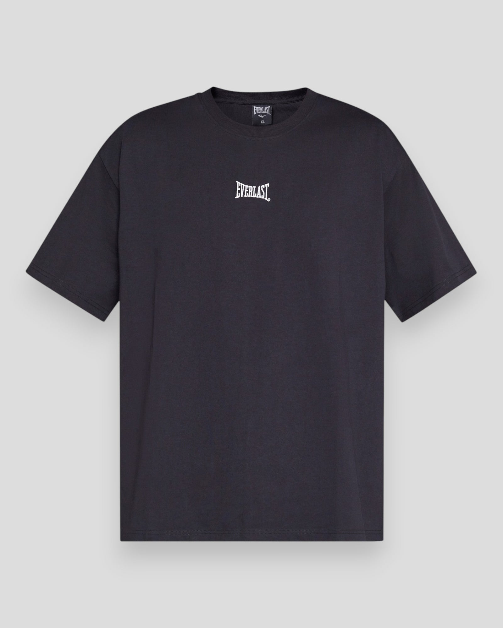 Black "Never Give Up" Everlast tee displayed flat, showcasing casual fit and bold text design on soft cotton fabric.