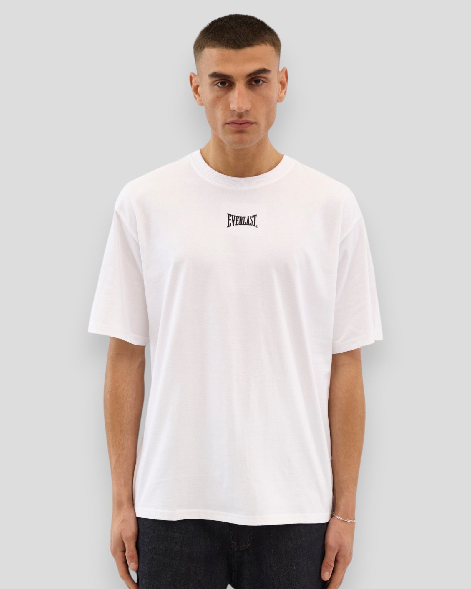White Everlast Phase Tee, casual men's T-shirt displayed on a hanger with a simple design and soft fabric.