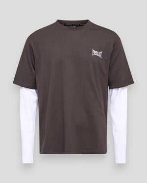 Everlast layered back logo camo long sleeve tee in dark colors, featuring a camouflage pattern and branding on the back.
