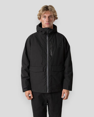 Fat Moose Dominik Black jacket showing a stylish, insulated men's jacket with a high collar and zipper closure, suitable for outdoor wear.