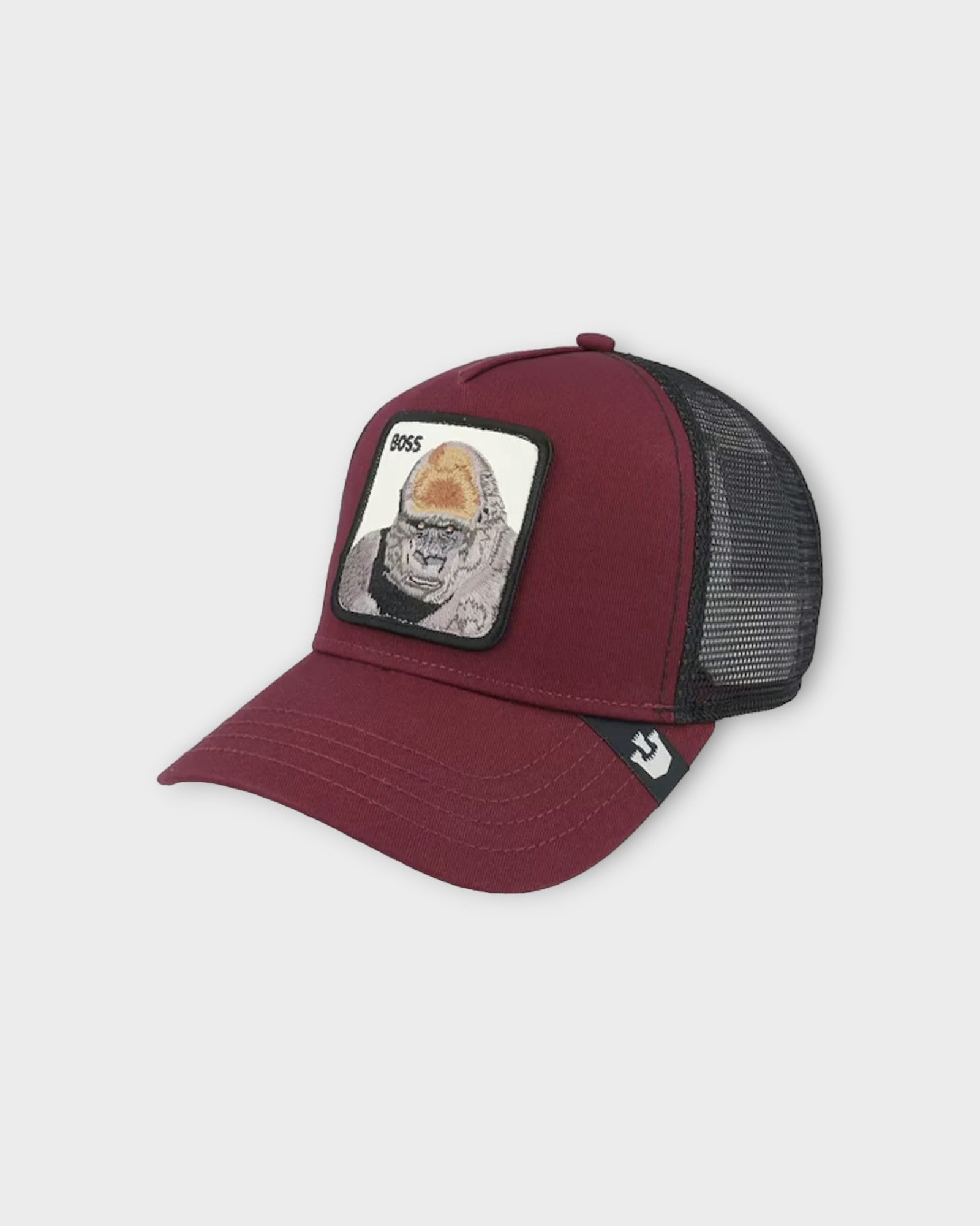 The Boss Burgundy - Bordeaux Goorin Bros Trucker Cap til Mænd. Her set forfra.