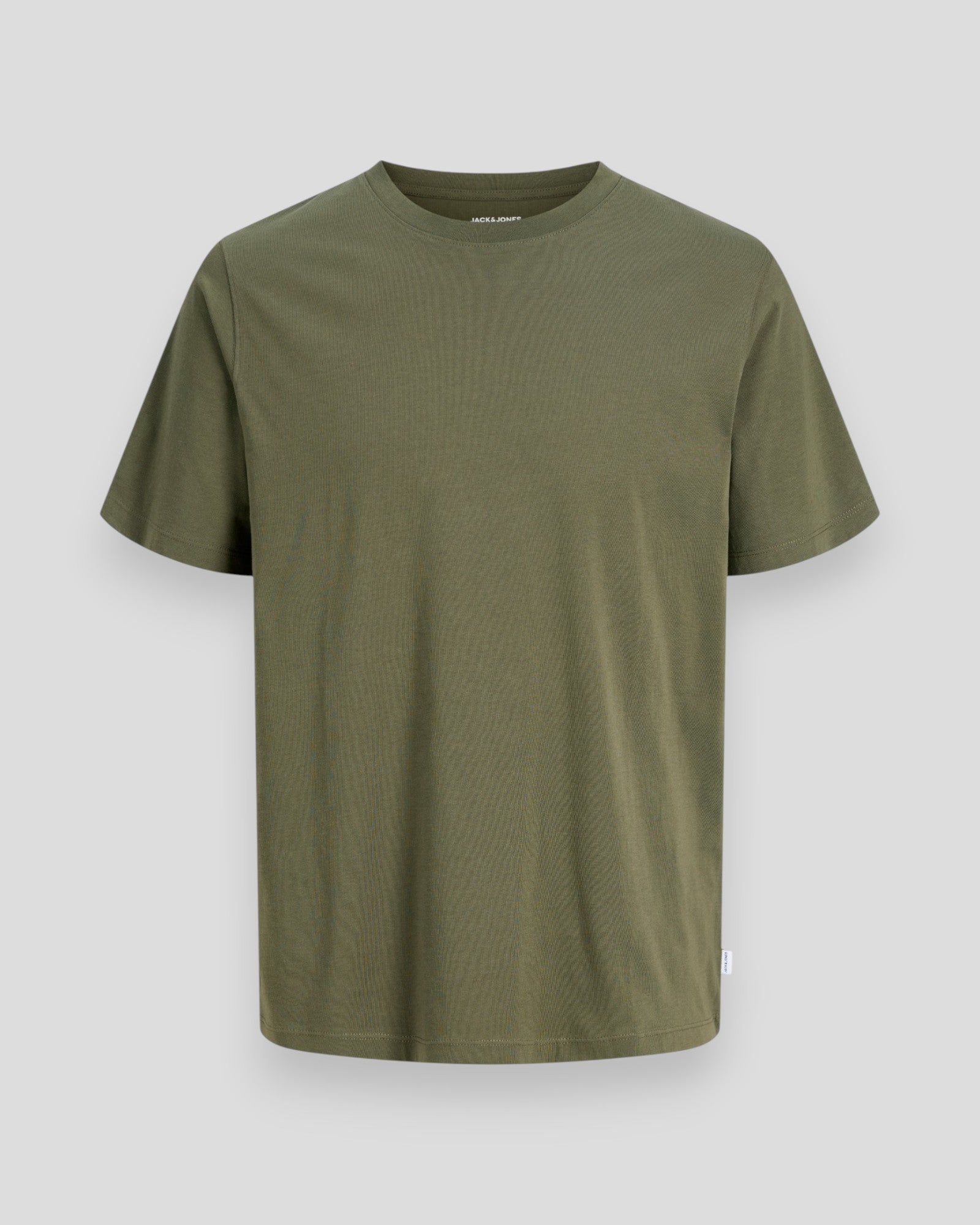 Økologisk basic T-shirt fra Jack & Jones i olivenfarvet, rund hals, let og afslappet design, perfekt til hverdagsbrug.