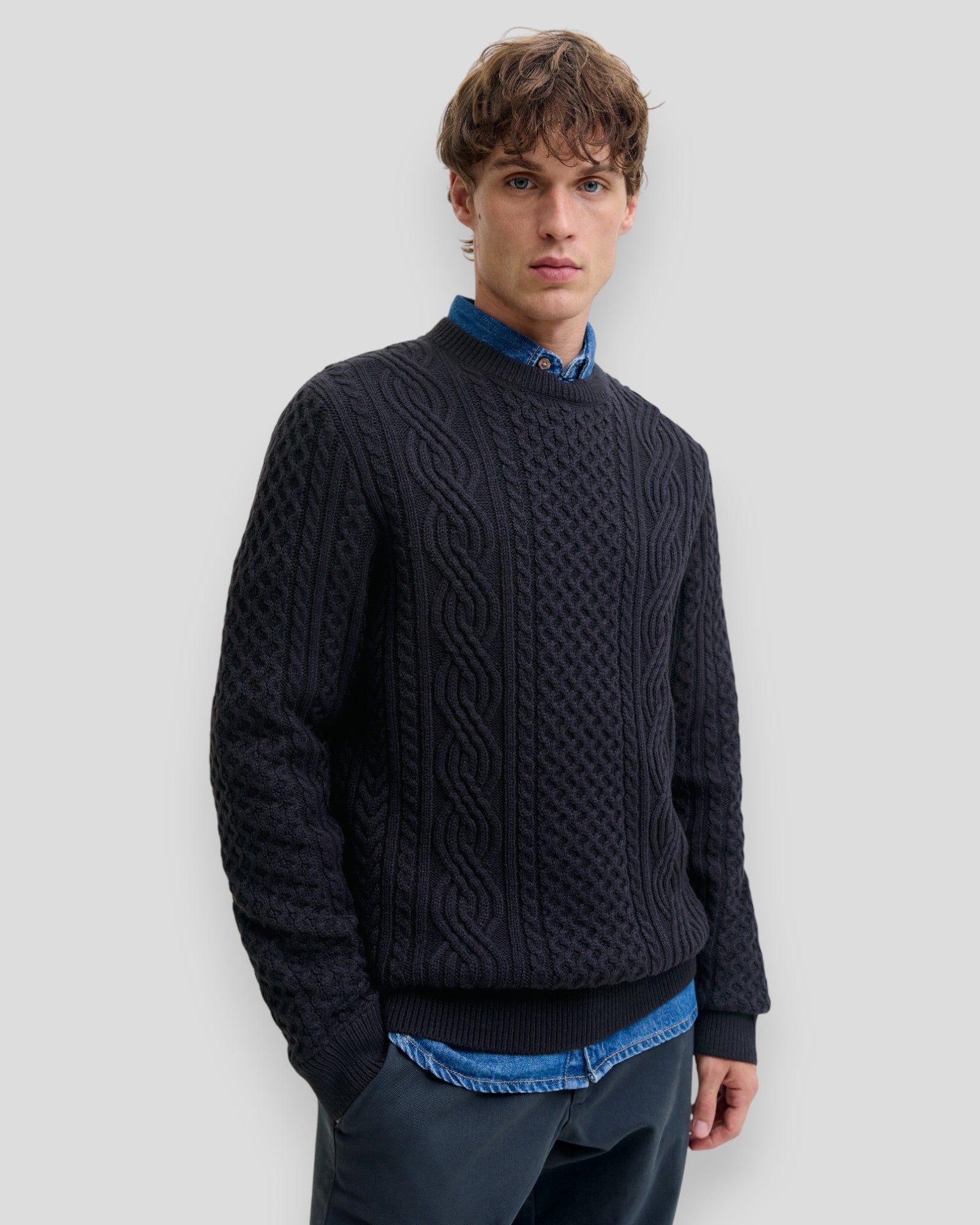 Blusean Knit Cable Crew Neck - Dark Navy