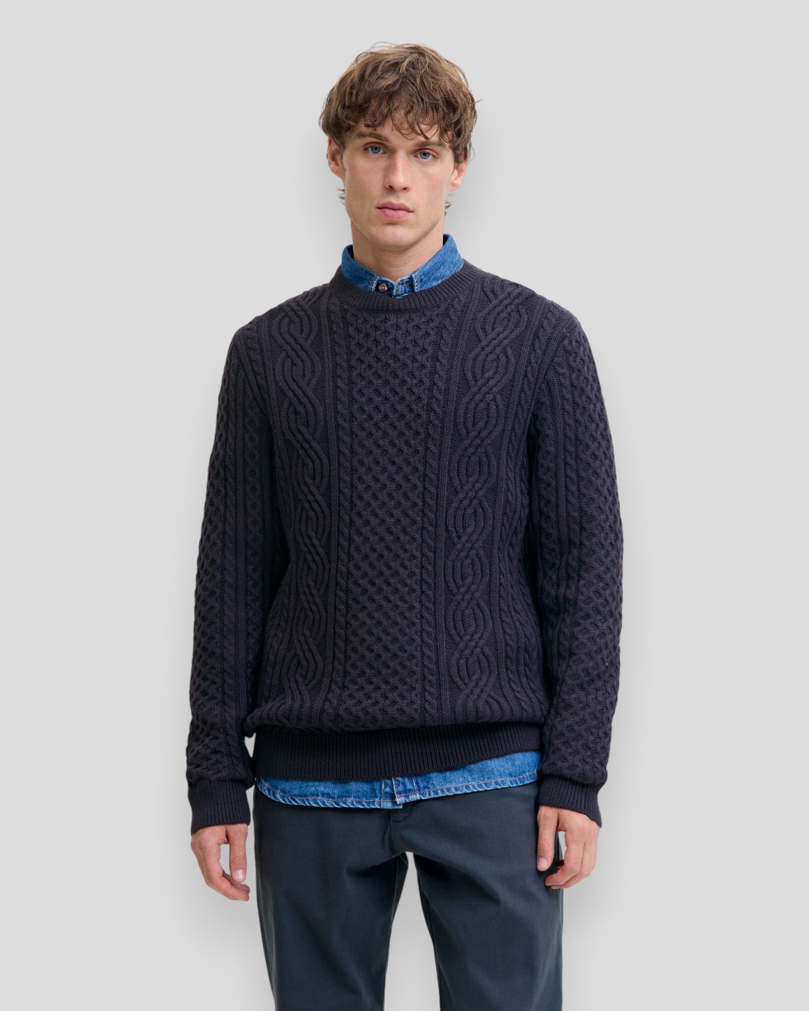 Blusean Knit Cable Crew Neck - Dark Navy