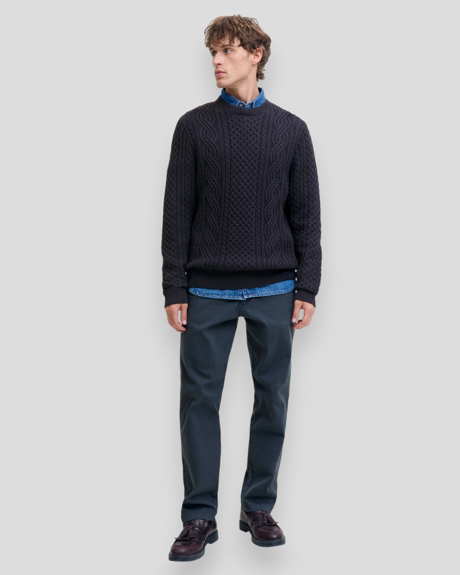 Blusean Knit Cable Crew Neck - Dark Navy