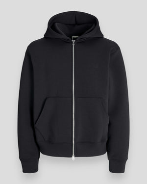Black Jack & Jones scuba sweatshirt zip hoodie with front pockets and adjustable drawstrings, casual and comfortable for fall and winter.