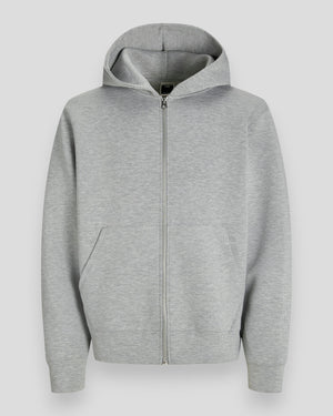 Light grey melange Jack & Jones scuba sweatshirt zip hoodie with front pockets and hood, displayed on a hanger.