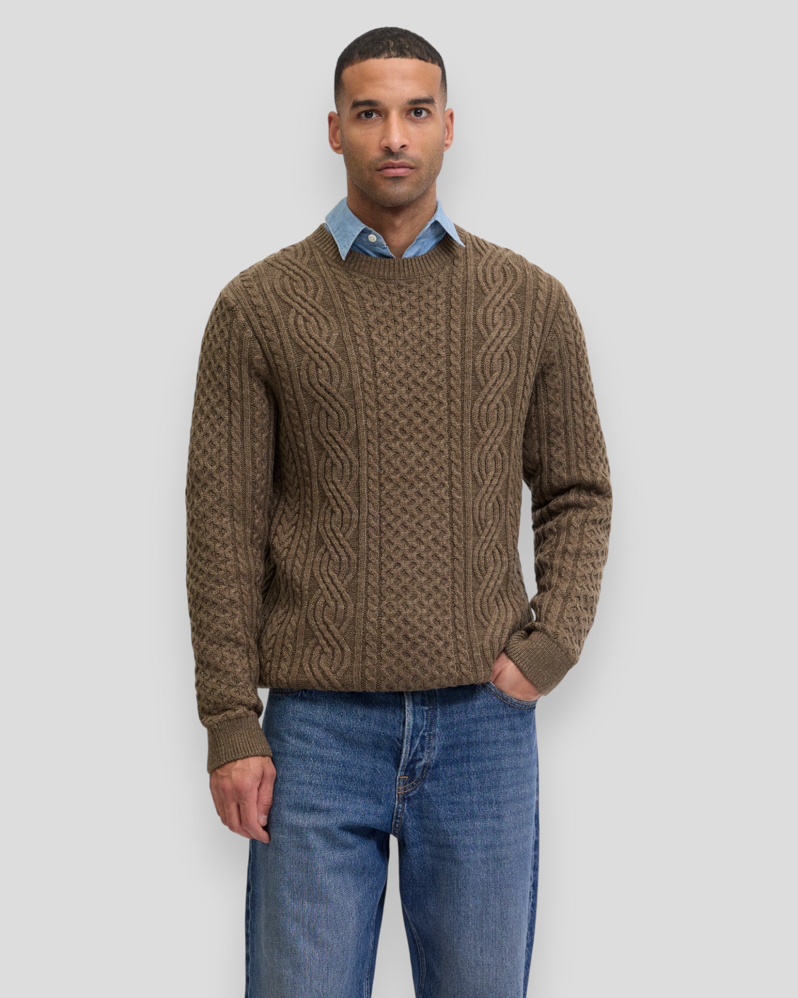 Blusean Knit Cable Crew Neck - Malt Ball Melange
