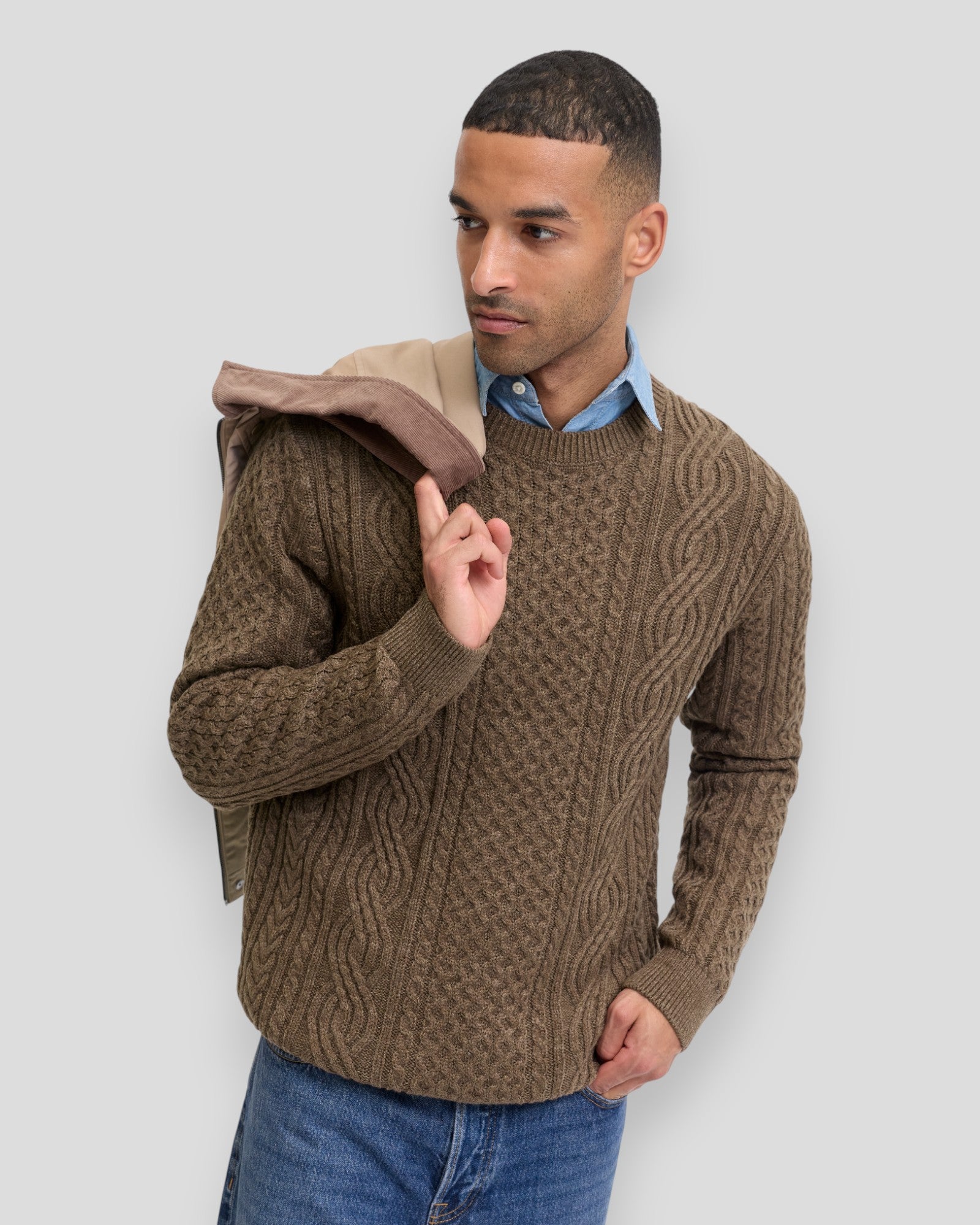 Blusean Knit Cable Crew Neck - Malt Ball Melange