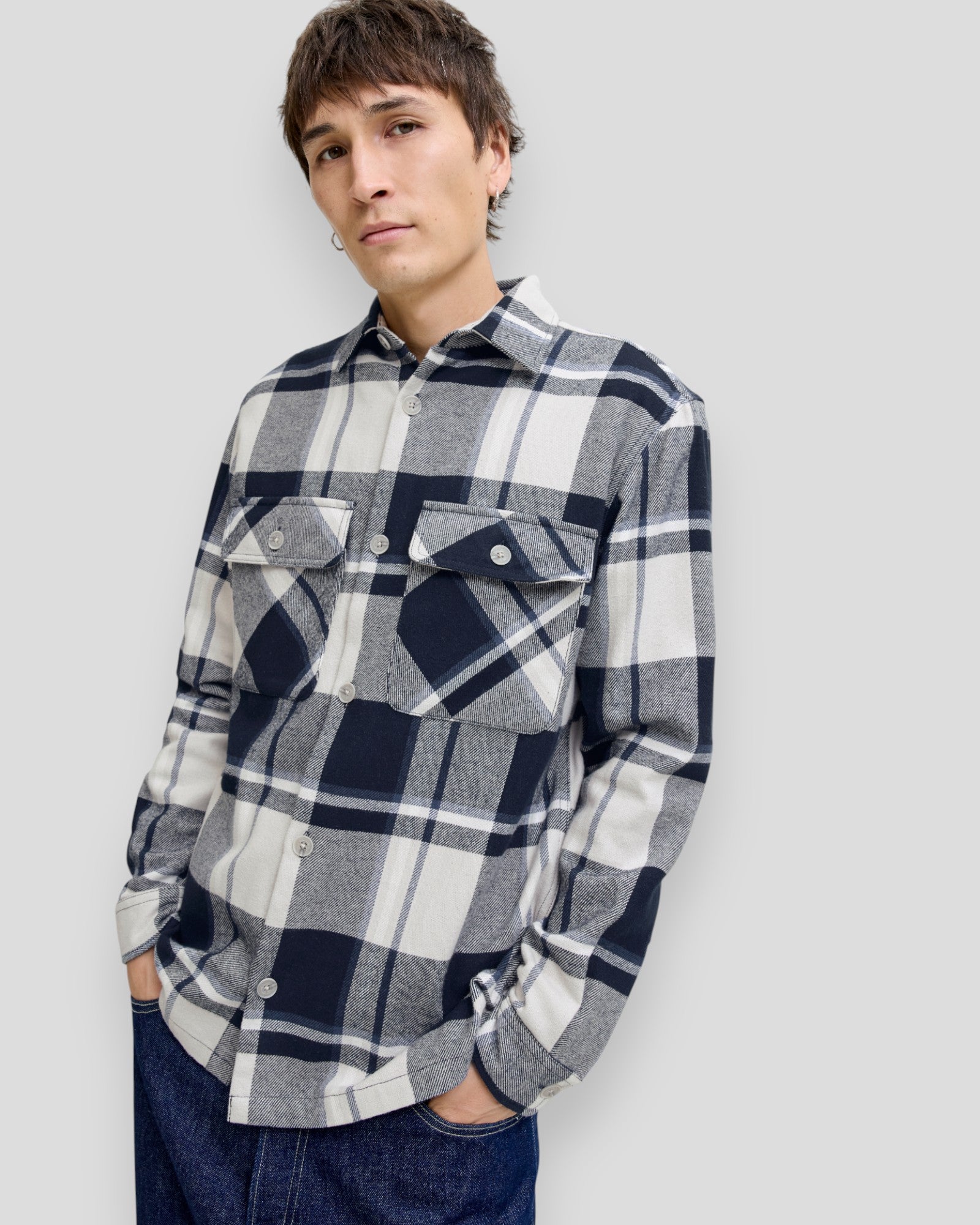 Rayle Melange Check LS Overshirt - Dark Navy