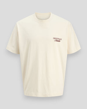 Jack & Jones Norrebro Typo SS crew neck tee in antique white, casual short-sleeve T-shirt with printed design.