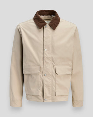 Jack & Jones Catskills Barn Jacket in crockery pattern, shown in a close-up of the stylish, lightweight spring-summer jacket.